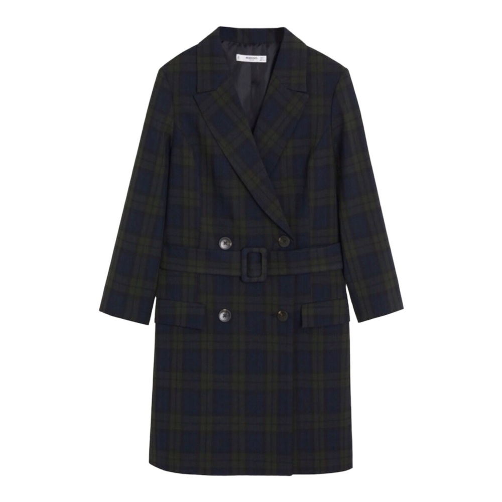 NWT Mango MNG Plaid Blazer Dress Belted Trench Coat Jacket XS Green Navy Tartan
